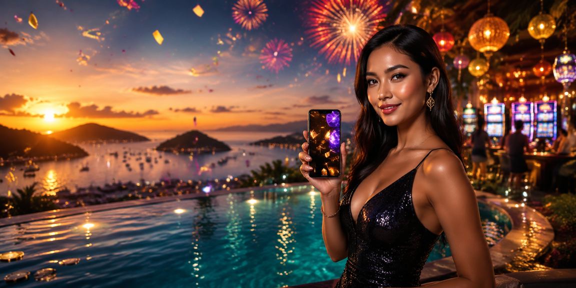 Suasana festival malam dengan aplikasi kasino di layar smartphone
