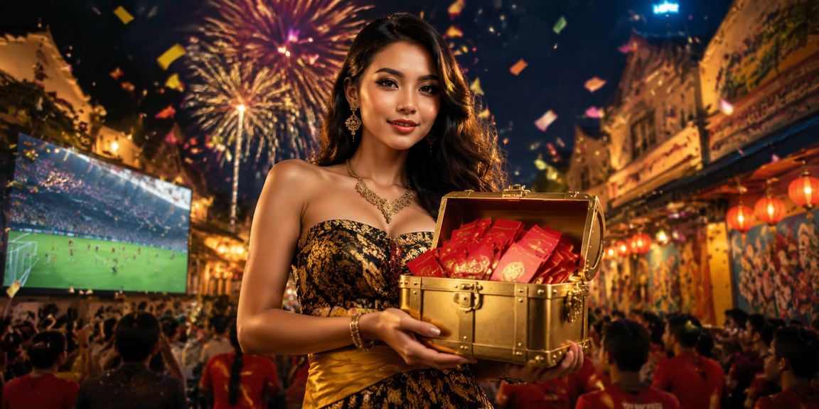 Suasana pasar malam Vietnam dengan lampu neon merah dan amplop bonus