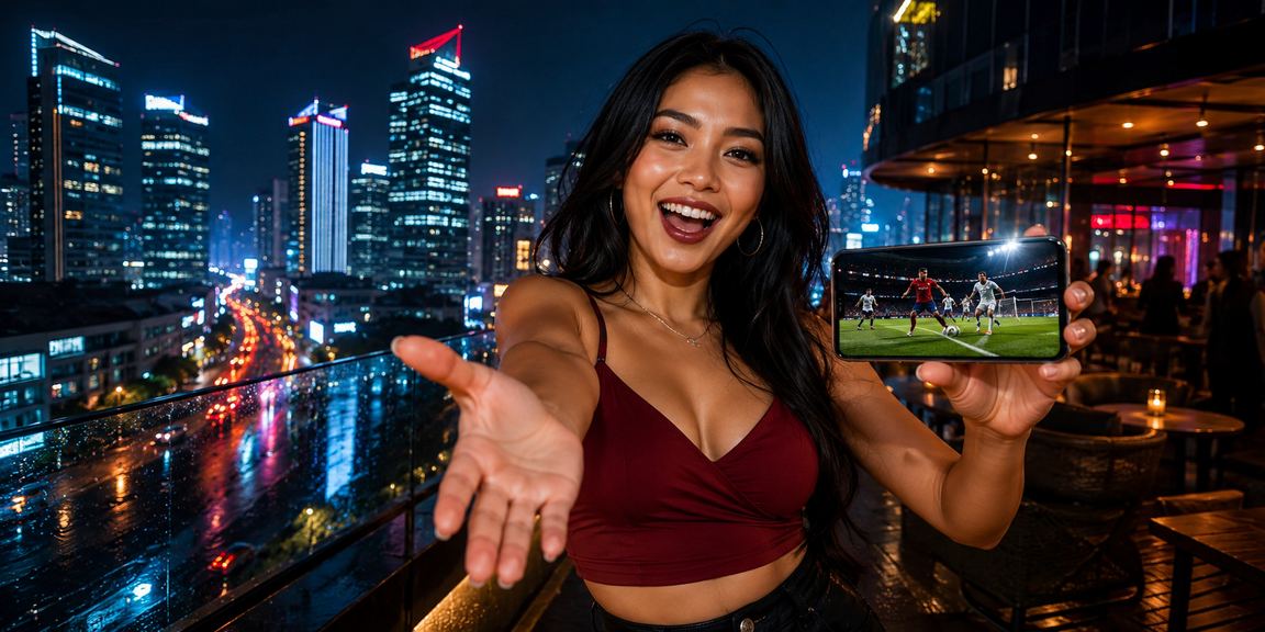 Model menggunakan ponsel untuk akses casino mobile dengan ekspresi antusias