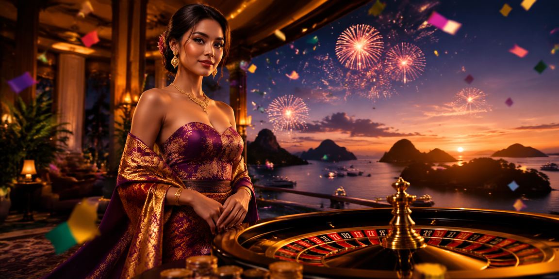 Meja roulette berwarna meriah dalam suasana festival kasino yang hidup