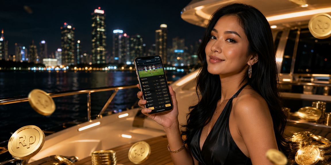 Model profesional dengan latar bertema taruhan olahraga digital neon